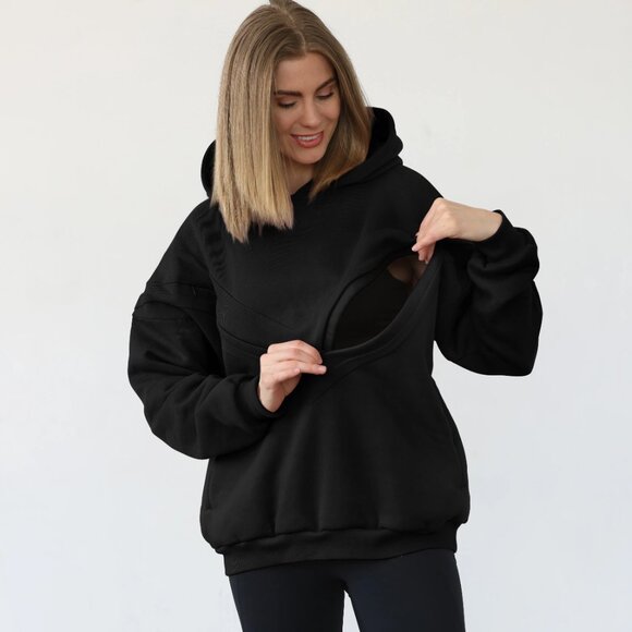 Sweat and Milk Isabella Oversized Nursing Pregnancy Hoodie Black Noir XS Small - Picture 3 of 16